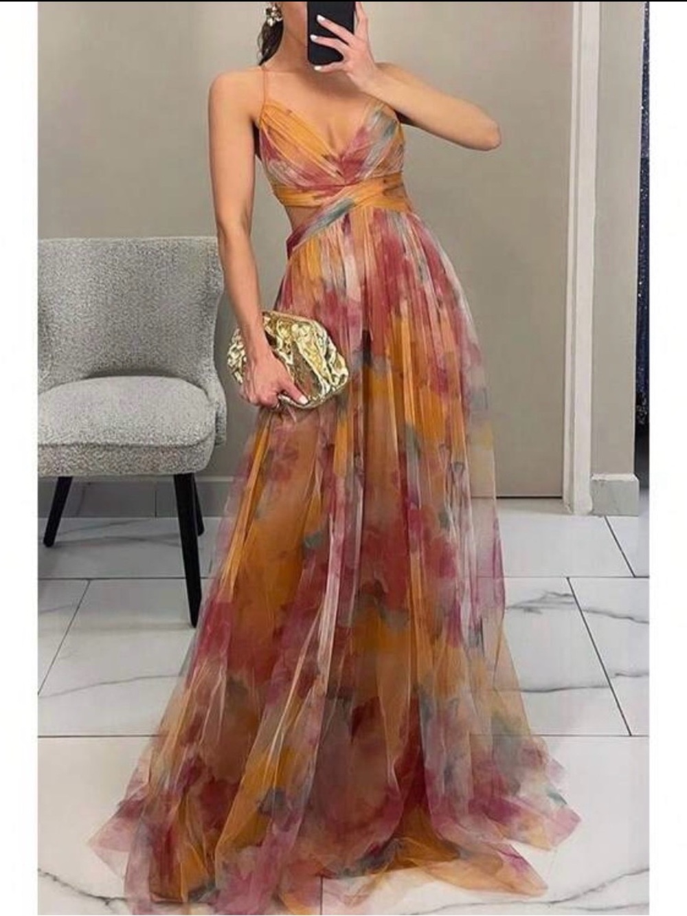 Floral Sheer Overlay Maxi Dress in Mustard and Rose - Women's